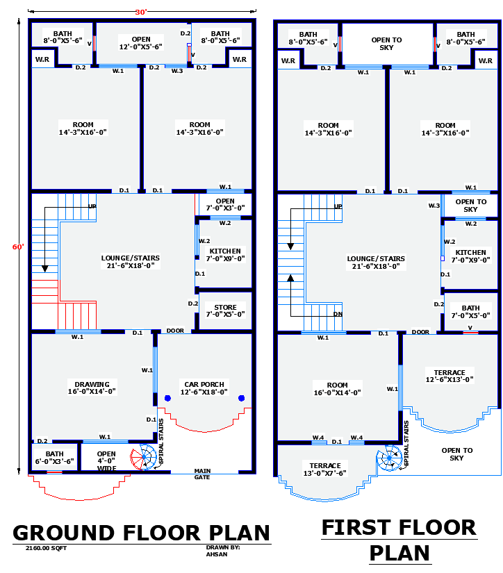 30x60 Residential House Plan DWG with Ground and First Floor