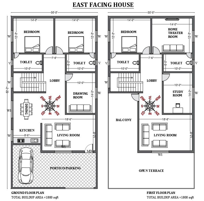 30’x60' east facing house plan as per vastu shastra is given in this FREE 2D Autocad drawing file. Download now.