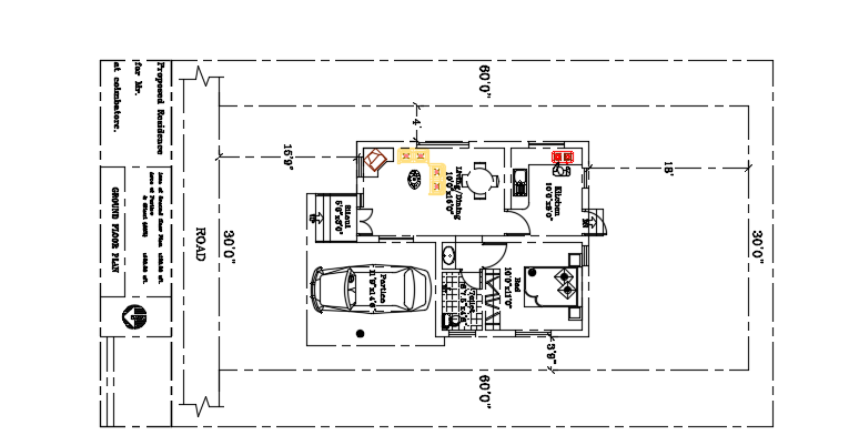 30’x60’ single bedroom house site layout CAD drawing