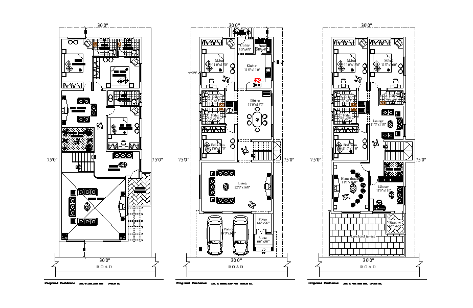 30’x75’ residential plan is give in this Autocad drawing file. Download the Autocad drawing.
