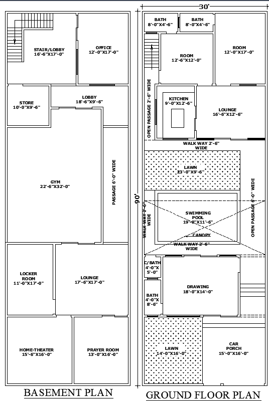 30x90 Duplex House Plan CAD with Basement and Swimming Pool