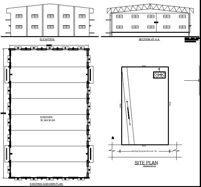31.04x18.79m Godown DWG CAD Floor Plan with Elevation and Section