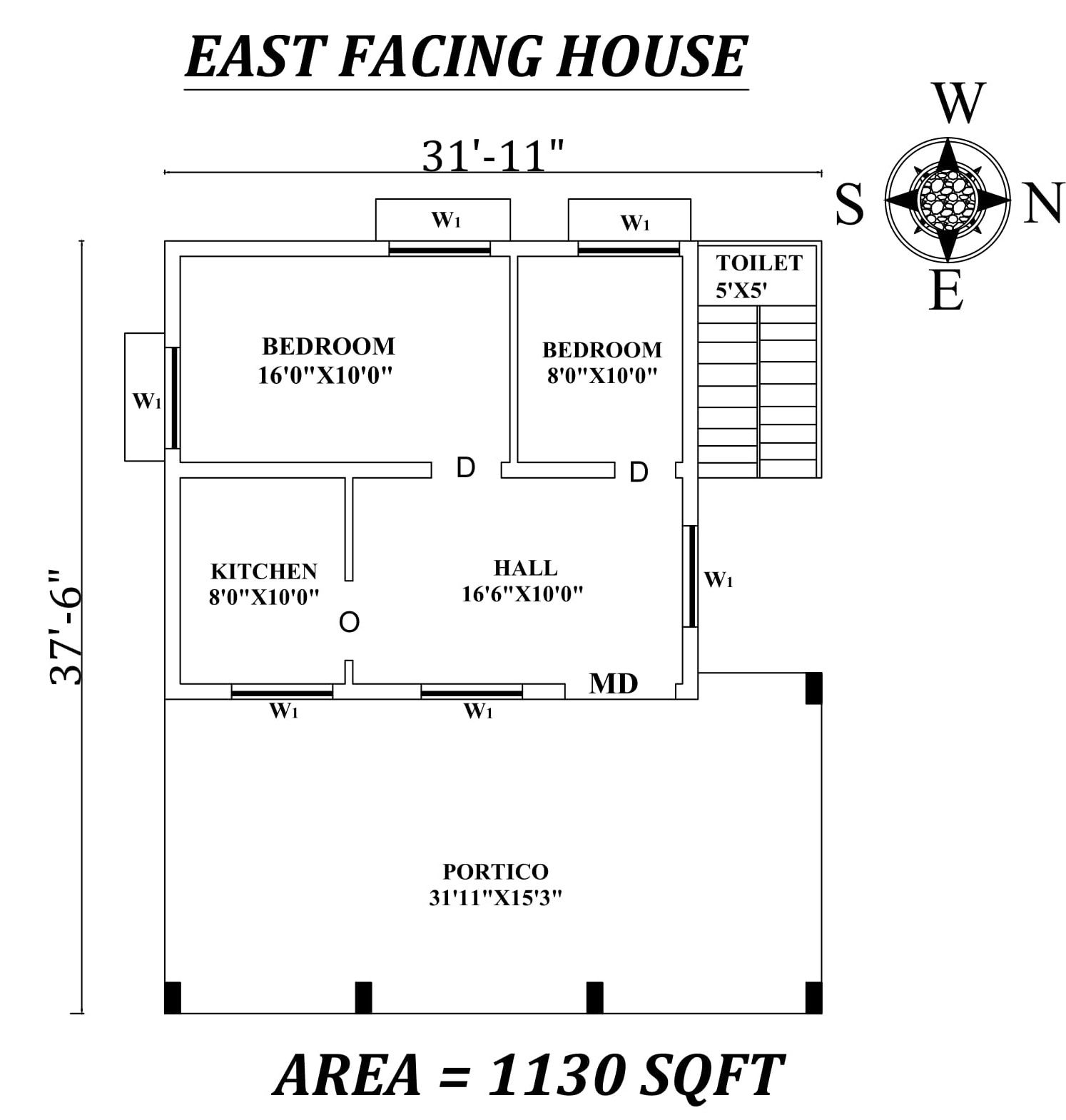 31'11"x37'6" 2bhk East facing House Plan As Per Vastu Shastra.Autocad DWG and Pdf file details.