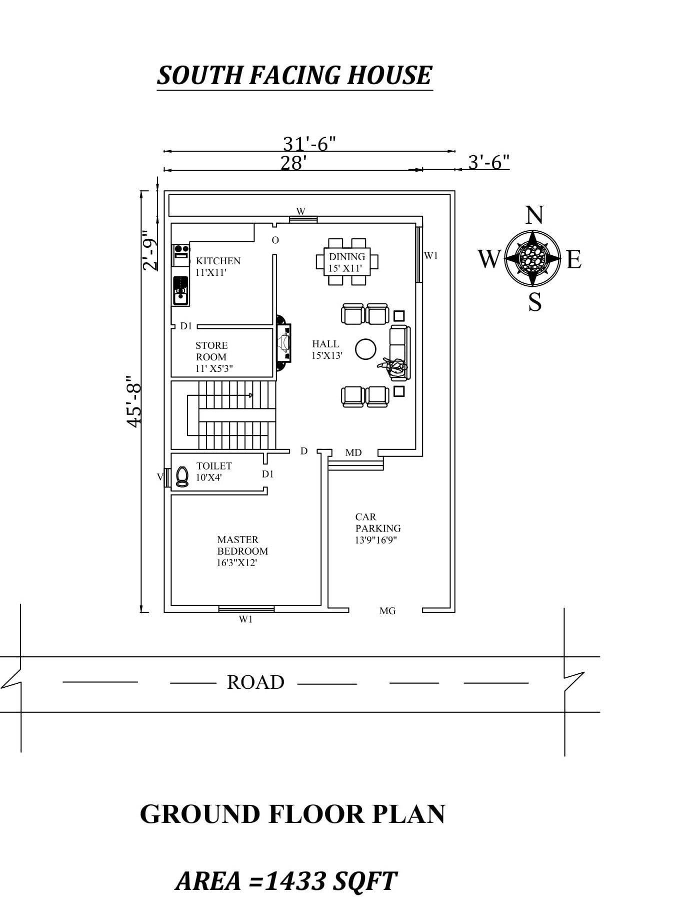 31'6"x 45'9" 1 BHK South Facing House plan as per vastu shastra, Autocad Drawing file Details