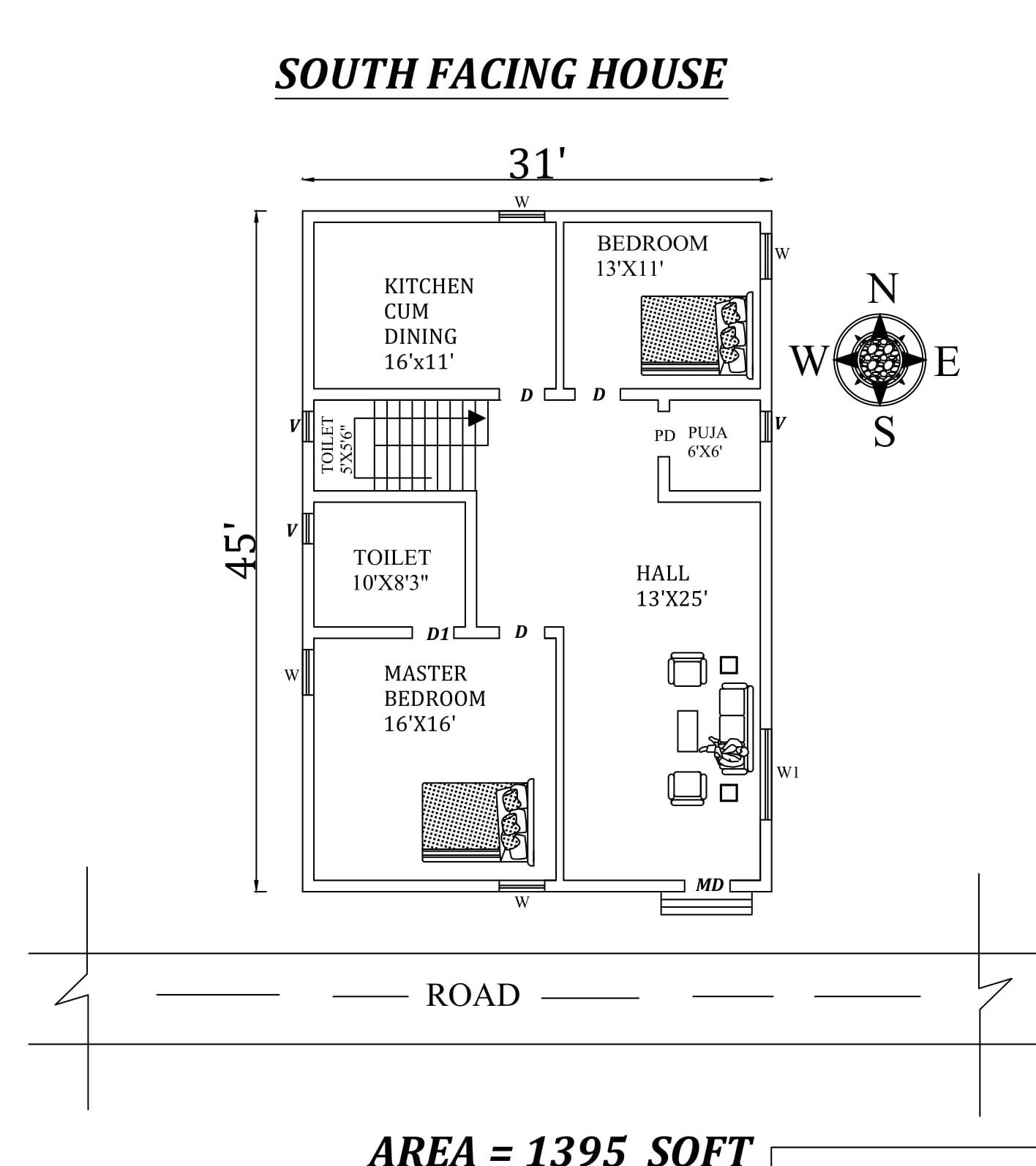 31'X45' 2bhk Amazing South facing House Plan layout As Per Vastu Shastra.Autocad DWG and Pdf file details.