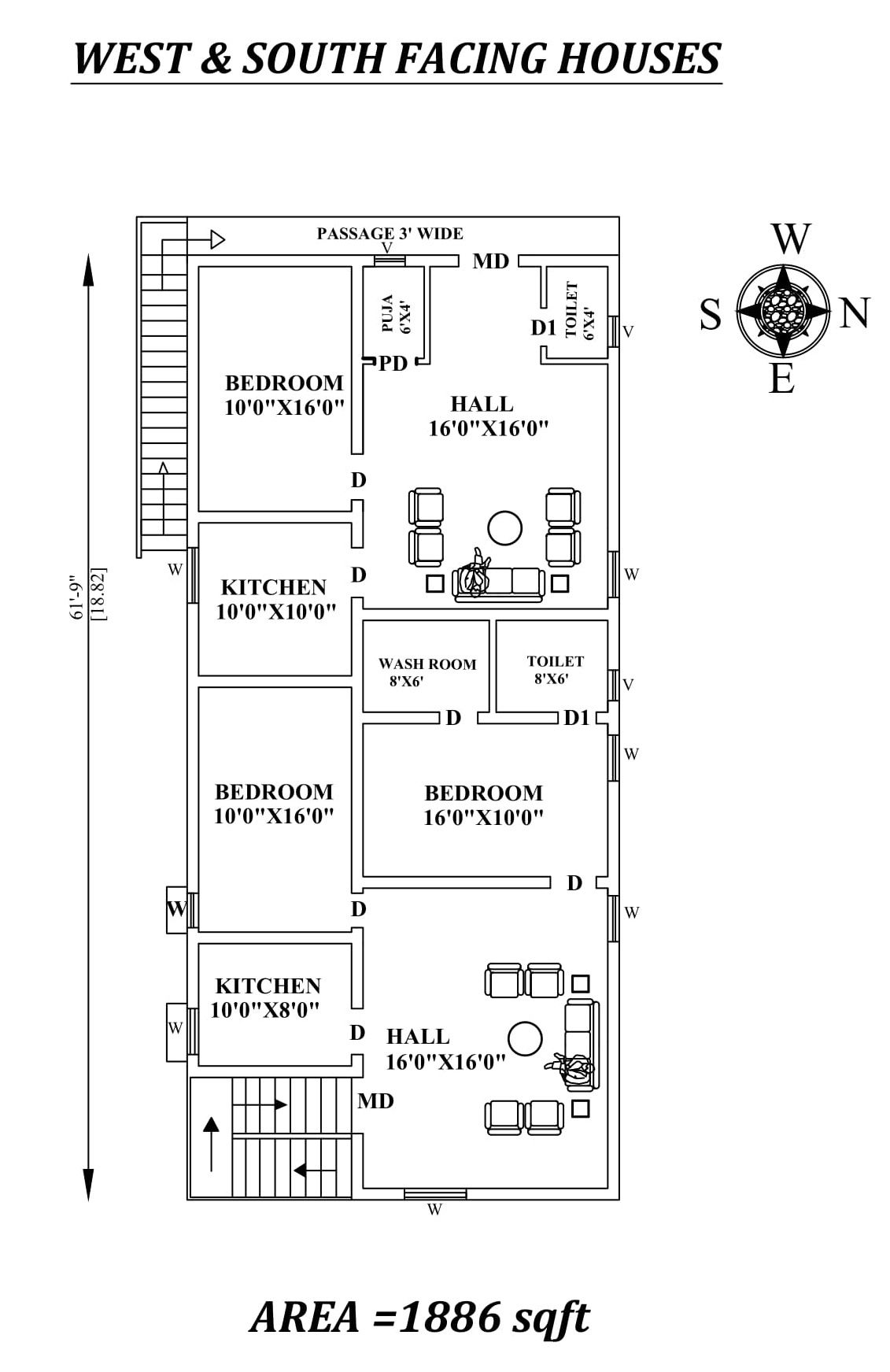 31'X61'9" 2bhk Awesome South facing House Plan As Per Vastu Shastra,Autocad DWG and Pdf file details.