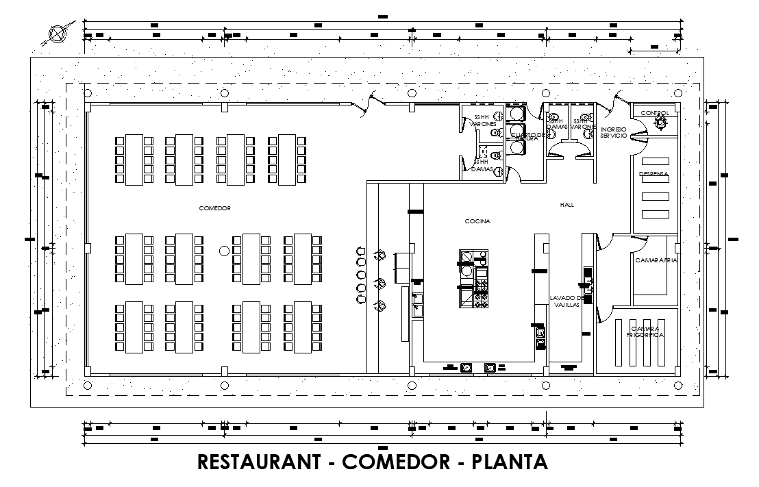 31x15m restaurant plan is given in this AutoCAD model. Download now.