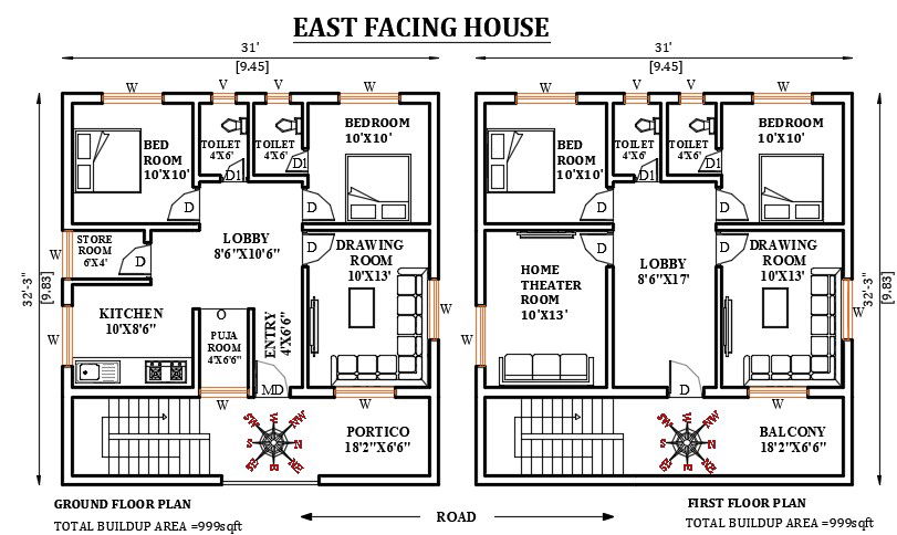 31’x32’ east facing house plan is given in this Autocad drawing file. Download now.