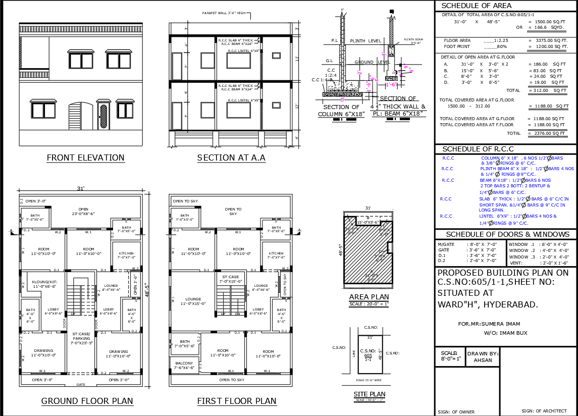 31 'x48'.5" Two Storey Residential House Plan with DWG Design