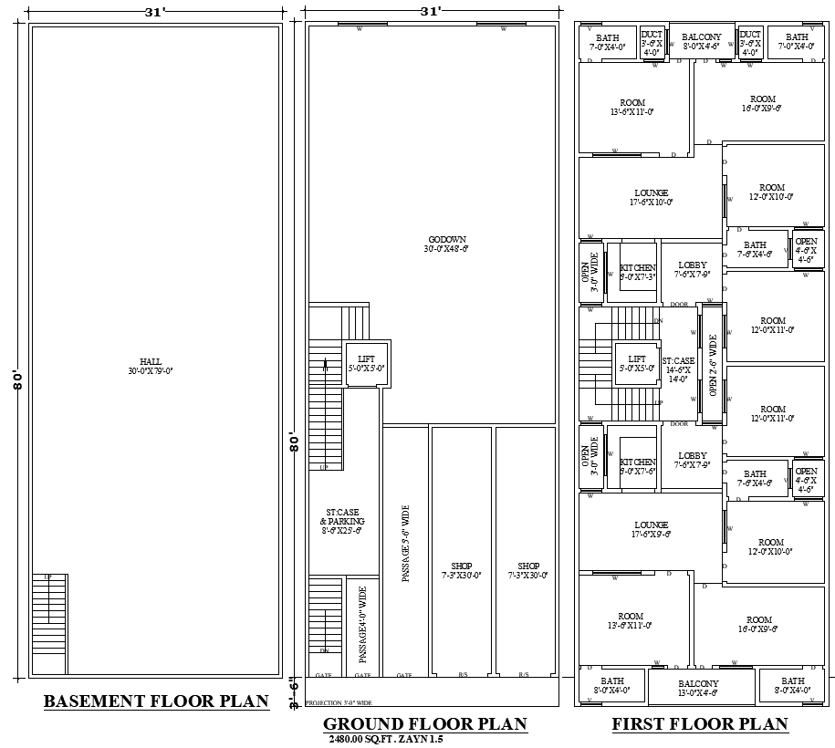 31x80 3-storey Commercial Building Plan in AutoCAD Format