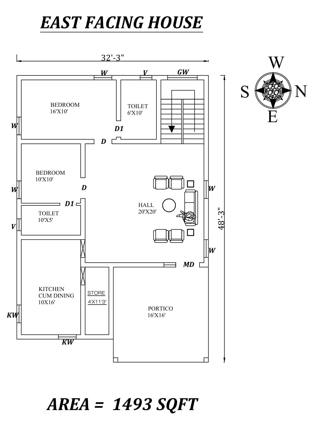 32'3" X48'3" The Perfect 2bhk East facing House Plan Layout As Per Vastu Shastra.Autocad DWG and Pdf file details.