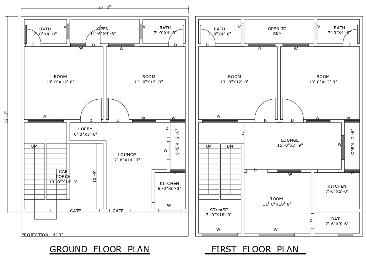 32.3ft×27.6ft Two Floor House Design in AutoCAD DWG File