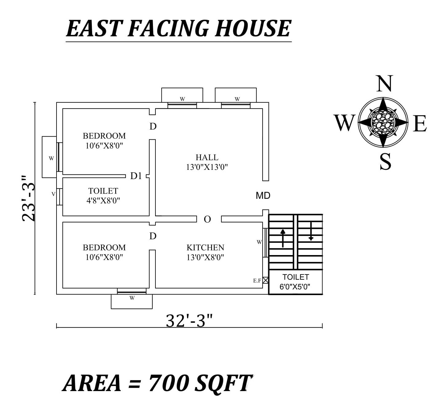 32'3"x23'3" 2bhk East facing House Plan As Per Vastu Shastra,Autocad DWG file Details.