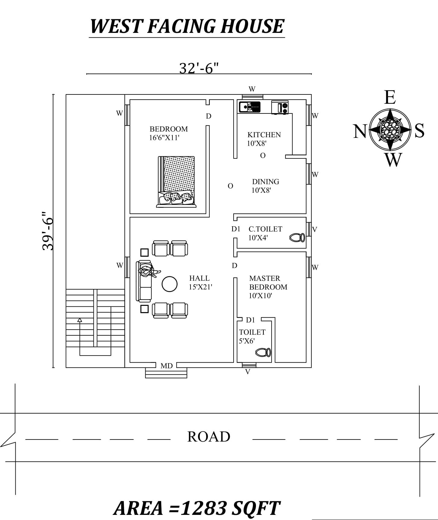 32'6"x39'6" Marvelous 2bhk West facing House Plan As Per Vastu Shastra. Autocad DWG and Pdf file details.