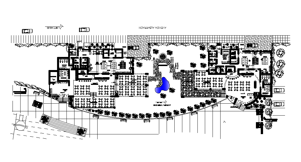 329’x125’ restaurant plan has been given in this Autocad drawing file. Download now.