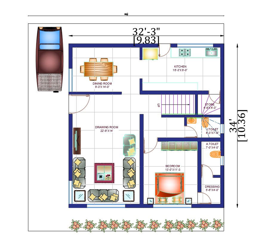 32'X34' Architecture House Plan Drawing Download DWG File