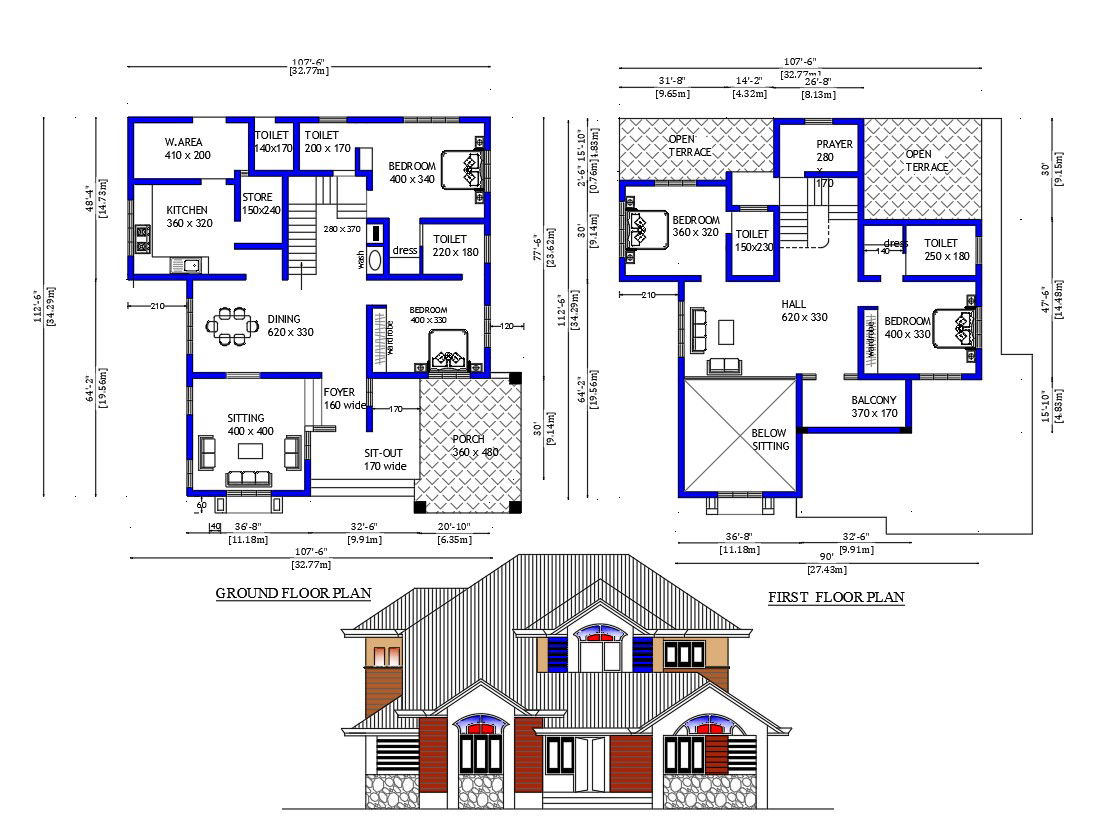 32X35 Meter Architecture House Plan And Elevation Design AutoCAD Drawing
