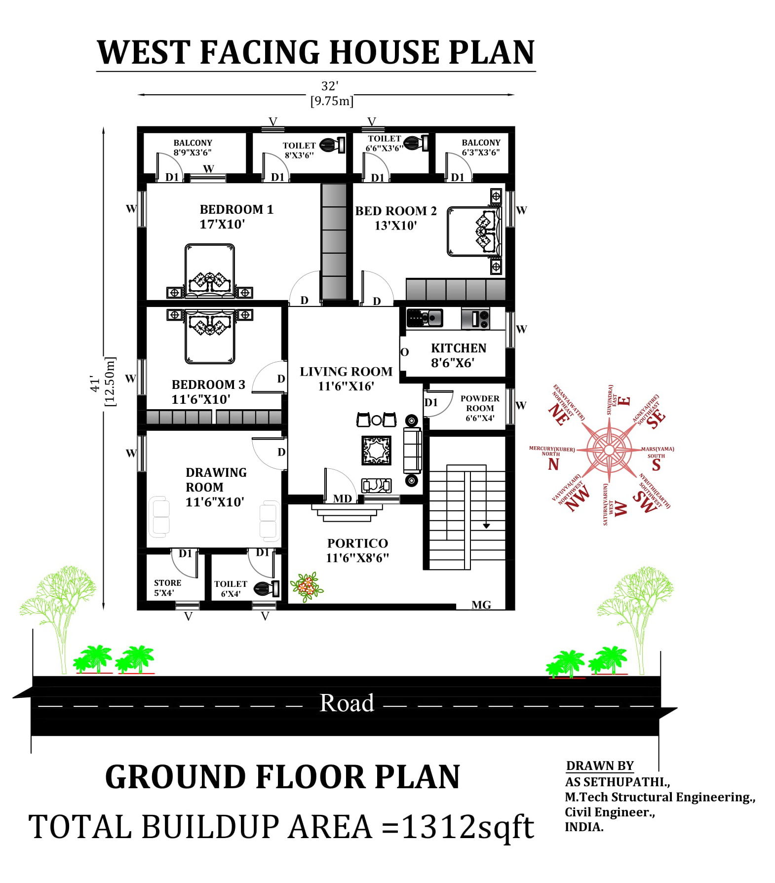 32'X41' West facing 3bhk house plan as per Vastu Shastra. Download Autocad DWG and PDF files.