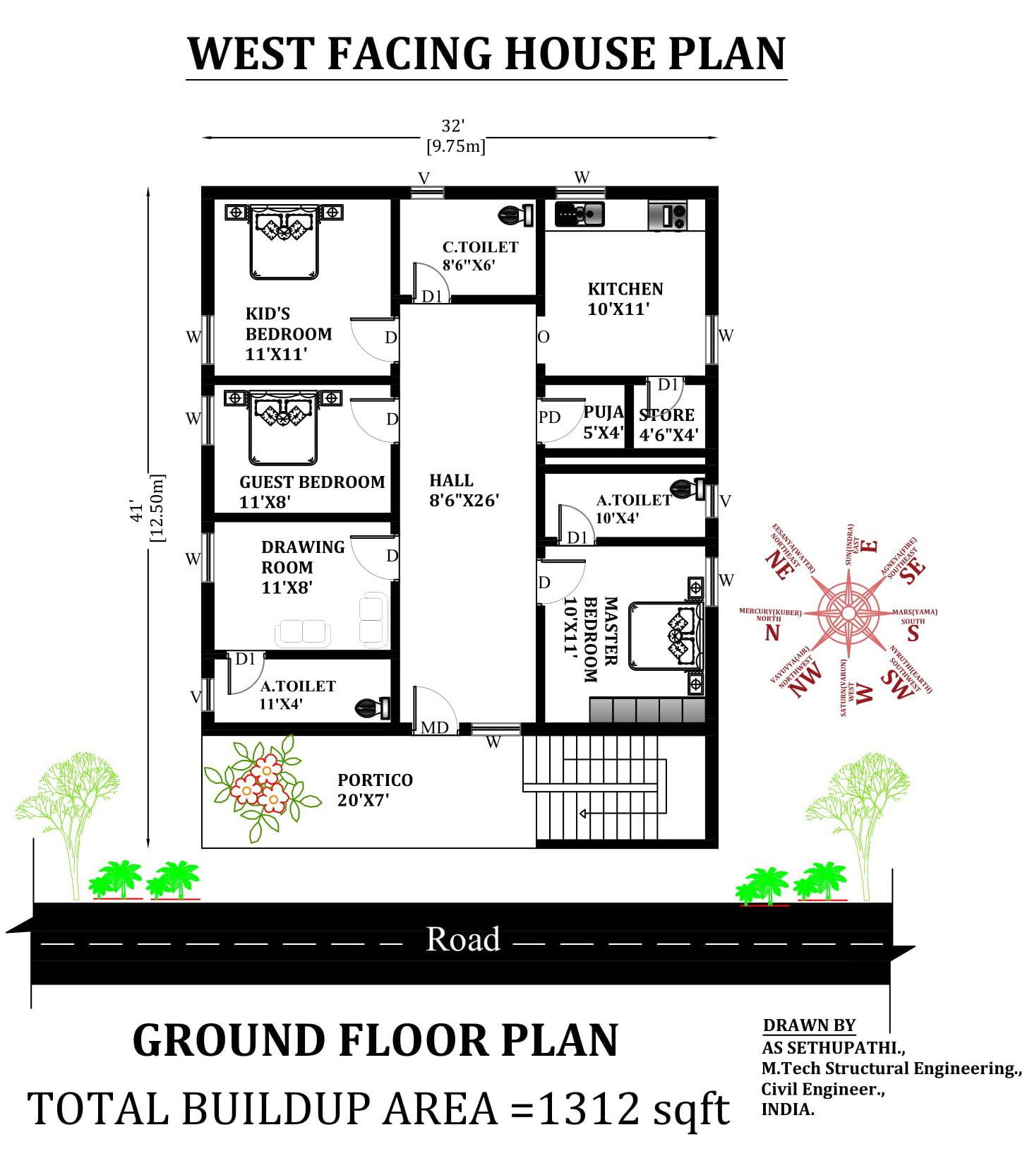 32'X41' West facing 3bhk house plan with Furniture as per Vastu Shastra.Download now Free.