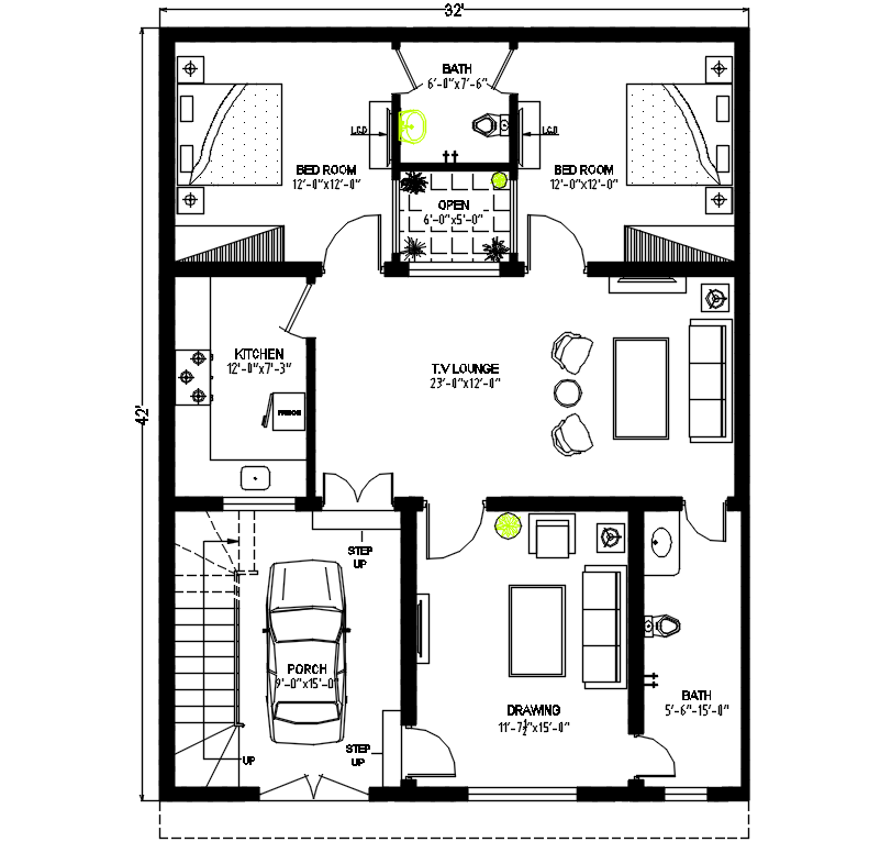 32'X42' Architecture House Layout Plan AutoCAD Drawing DWG File