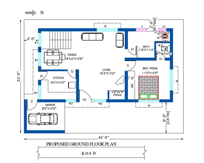 32X45 Feet House Ground Floor Plan Download DWG File