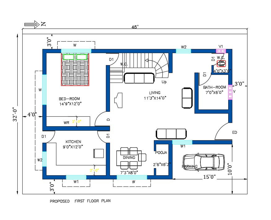 32'X45' House Plan AutoCAD Drawing Download DWG File