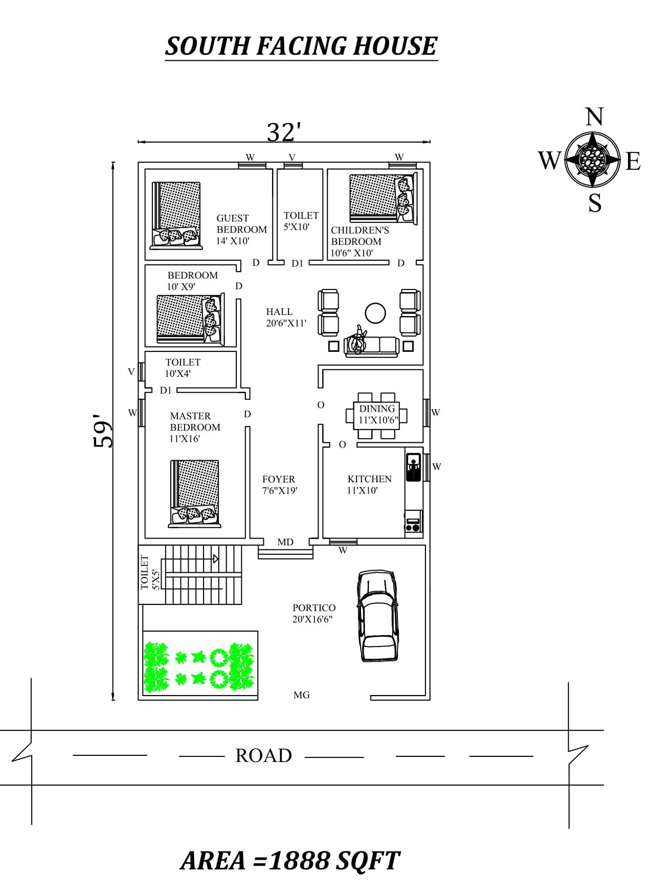 32'X59' 4bhk South facing House Plan As Per Vastu Shastra ,Autocad DWG and Pdf file details.
