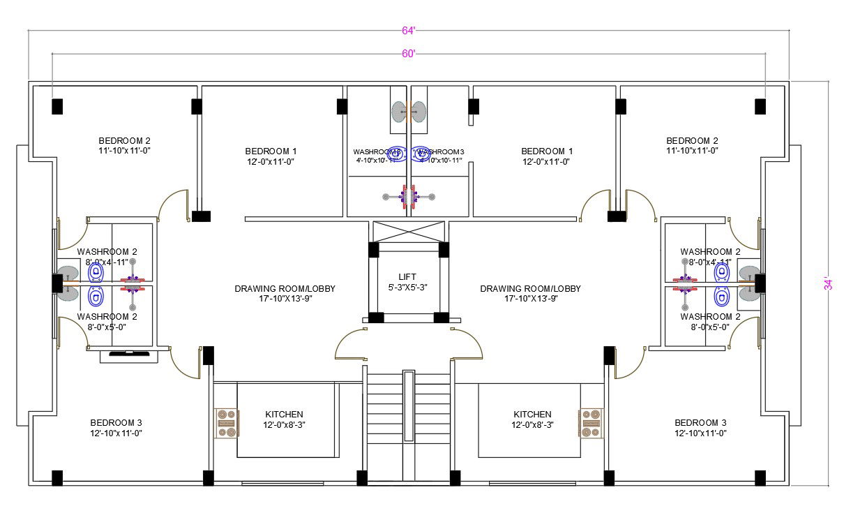 32X64 Feet Apartment 3 BHK Plan Drawing DWG File