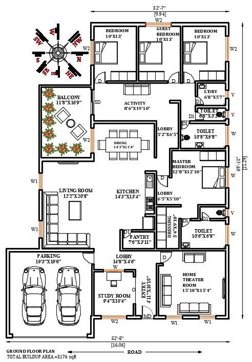 32'X70' East facing 4bhk house plan,Download Now free|CADBULL