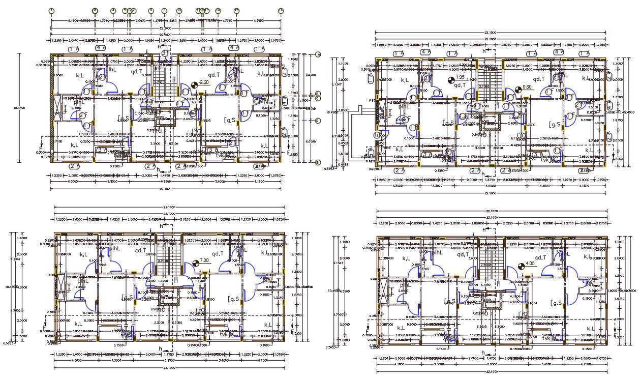 32' X 72' Feet 3 BHK Apartment With Center Line Plan