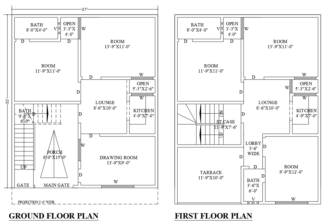 32ft×27ft 2 Storey Home Plan in DWG AutoCAD Format