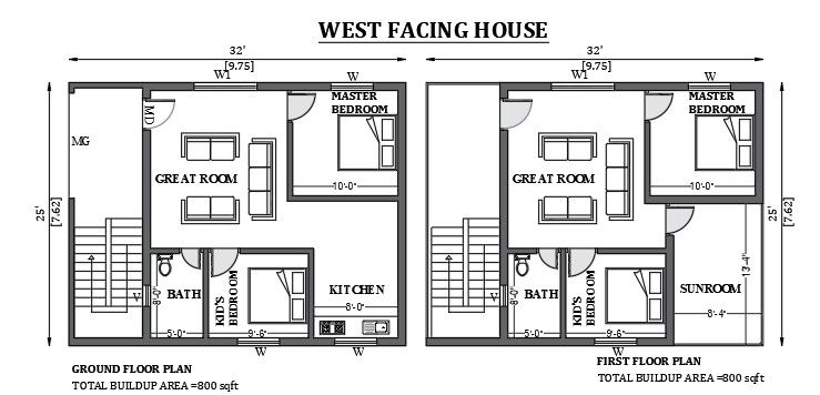32’x25’ West facing house design as per vastu shastra is given in this FREE 2D Autocad drawing file. Download now.
