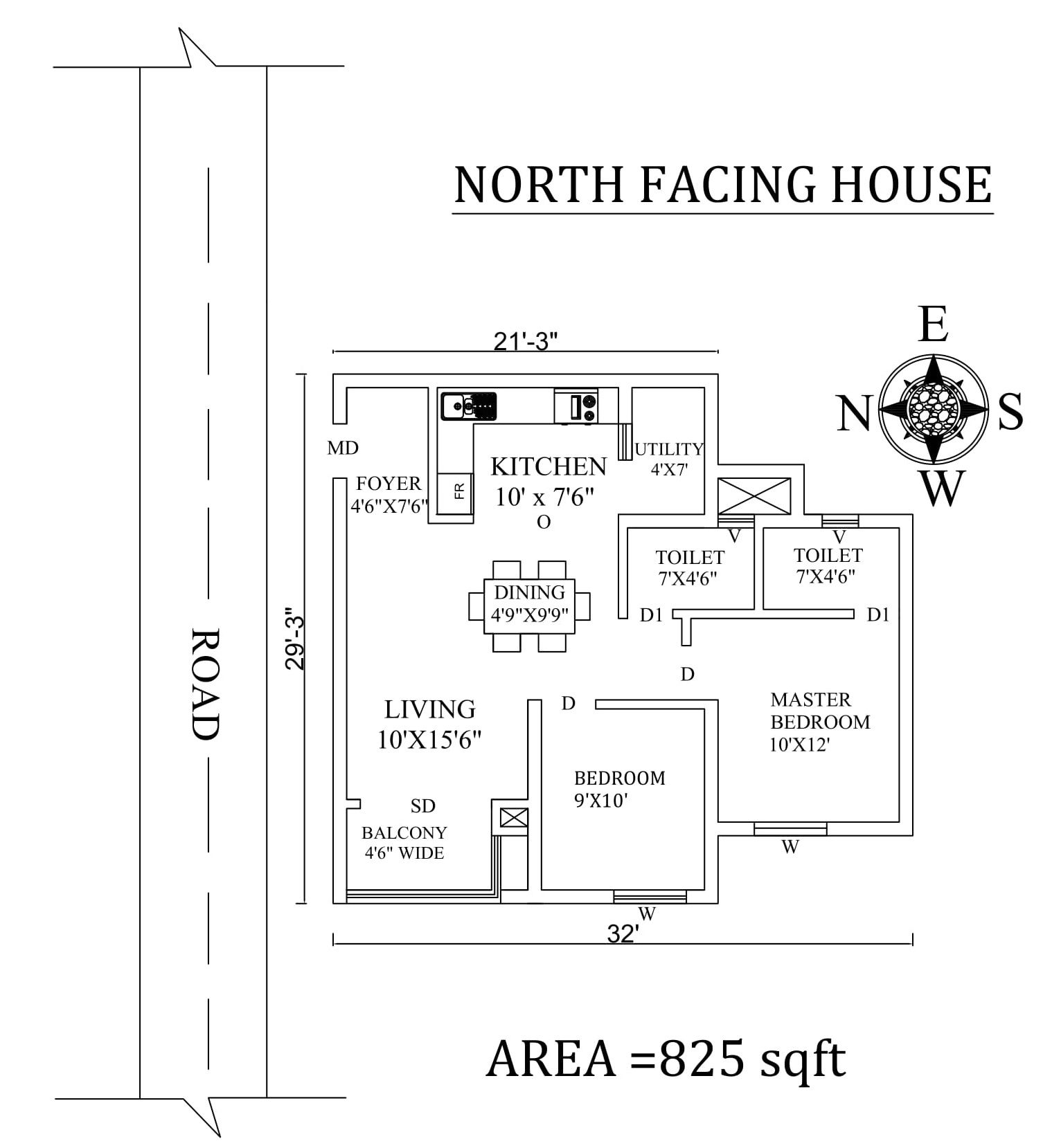 32'x29' Amazing North facing 2bhk house plan as per vastu Shastra.Autocad DWG file Details.