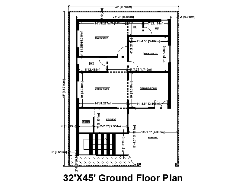 32’x45’ East facing house plan is given as per vastu shastra in this Autocad drawing file. Download now.