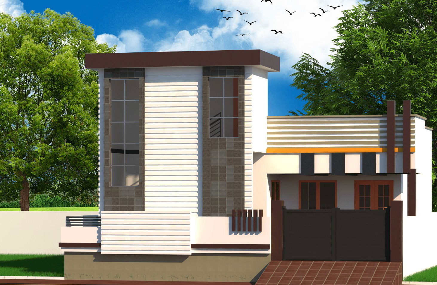 32x45 house 3d front elevation Revit drawing. Download free Revit file now.