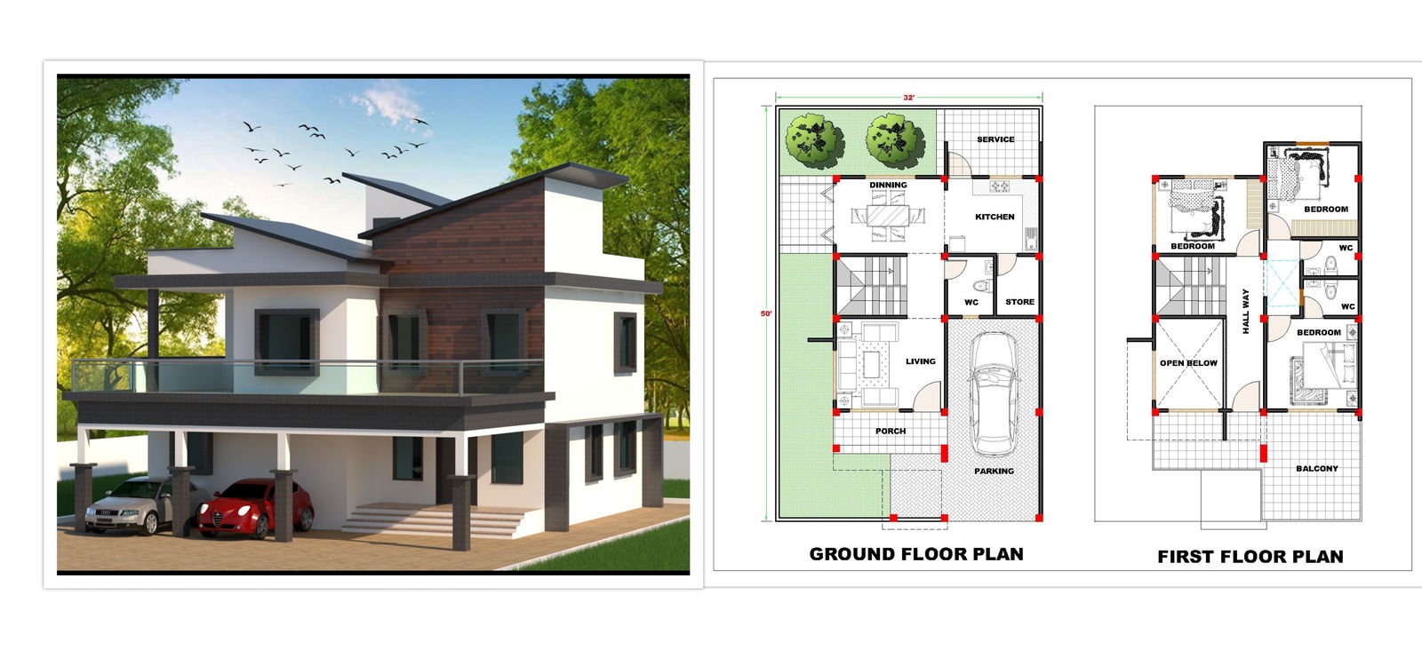 32’x50’ modern house plan with wonderful 3d Elevation.Download the free Autocad and Revit drawing file.