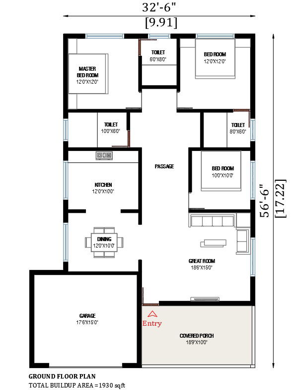 32’x56’ house plan is given in this AutoCAD drawing file. Download now.