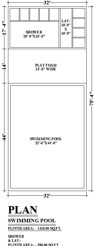 32x75 Swimming Pool DWG File with Shower and Lavatory