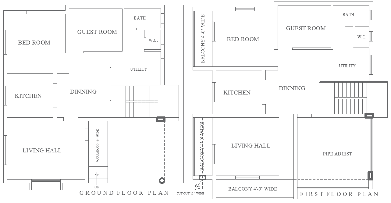 33.2x35.6ft 4BHK House Design with Floor Plan DWG File