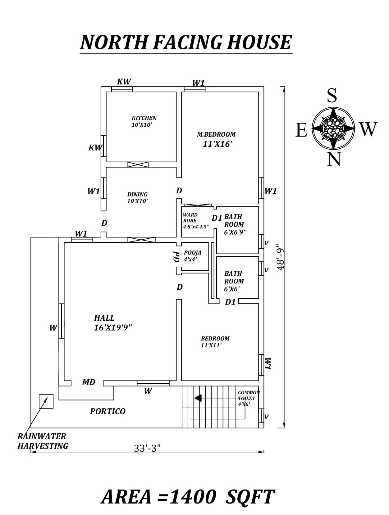 33'3"X48'9" Amazing North facing 2bhk house plan as per Vastu Shastra.Autocad DWG and Pdf file details.