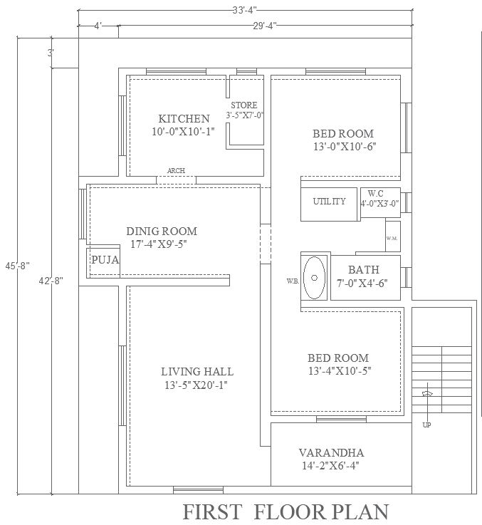 33.4ftx45.8ft 2BHK First Floor House Plan in DWG File