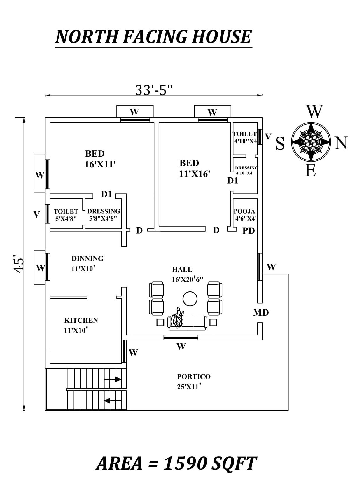 33'5"X45' Amazing North facing 2bhk house plan as per Vastu Shastra. Autocad DWG and Pdf file details.