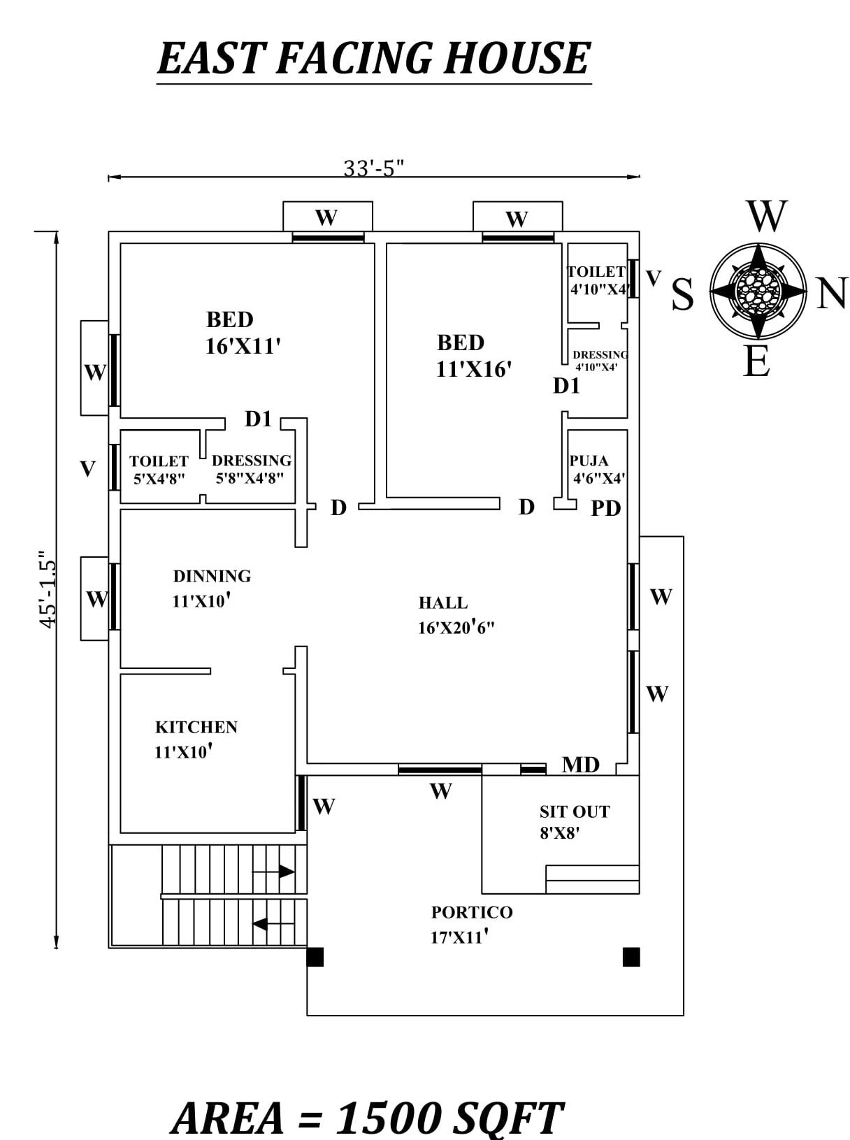 33'5"x45' Amazing 2bhk East facing House Plan As Per Vastu Shastra, Autocad DWG and pdf file details.