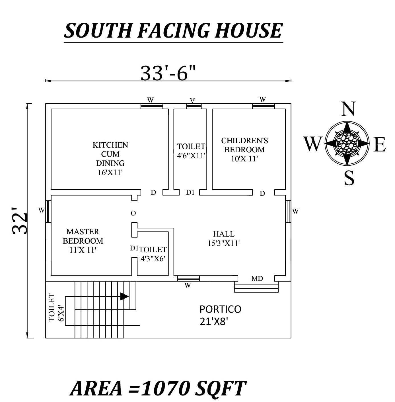 33'6"X32' 2bhk Marvelous South facing House Plan layout As Per Vastu Shastra. Autocad DWG and Pdf file details.