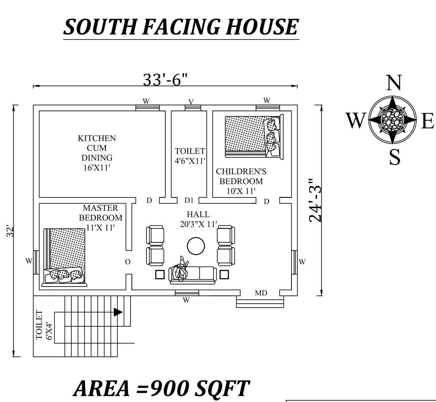 33'6"x24'3" 2bhk Awesome South facing House Plan layout As Per Vastu Shastra.Autocad DWG and Pdf file details.