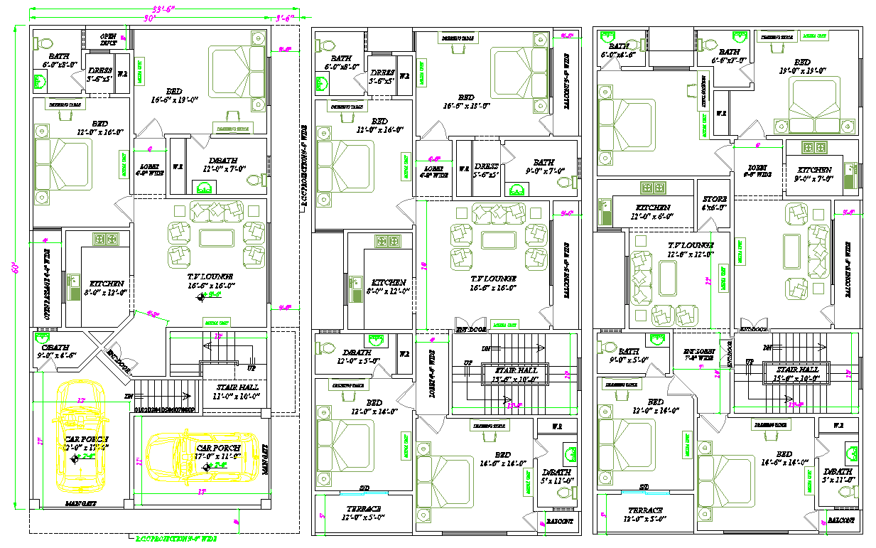 33.6×60 Triplex Bungalow CAD Drawing File Modern Layout