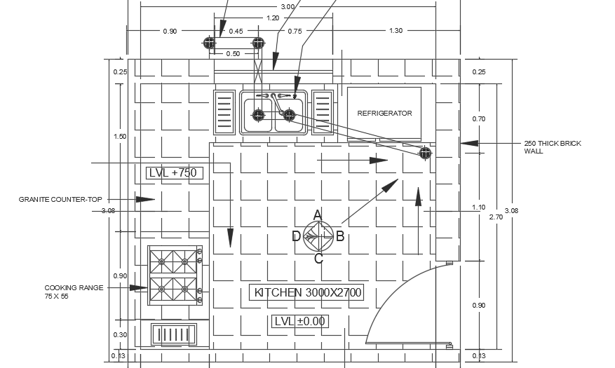 3380x3080mm kitchen plan AutoCAD 2d drawing is given in this file