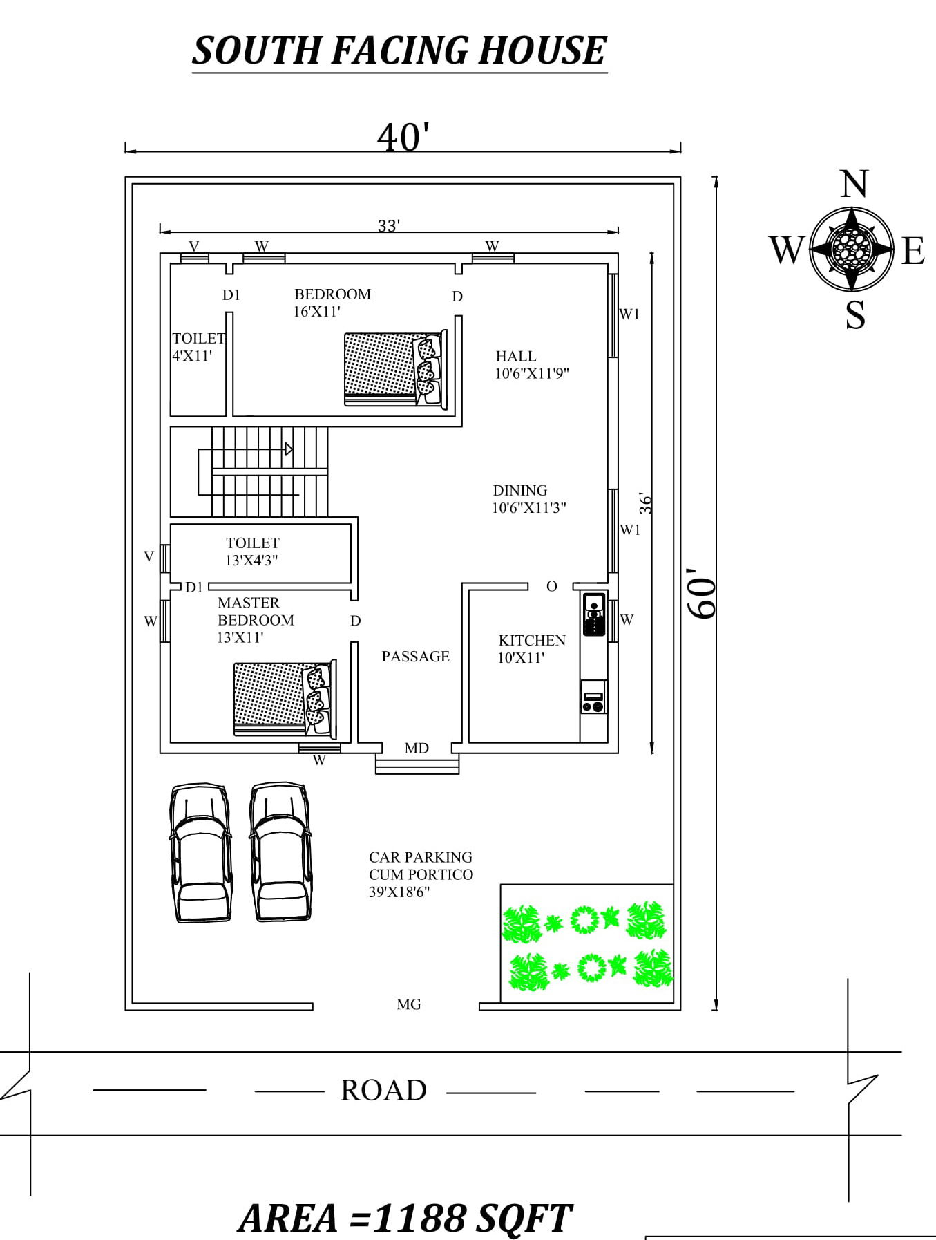 33'X36' 2bhk Awesome South facing House Plan As Per Vastu Shastra. Autocad DWG and Pdf file details.Autocad DWG and Pdf file details.