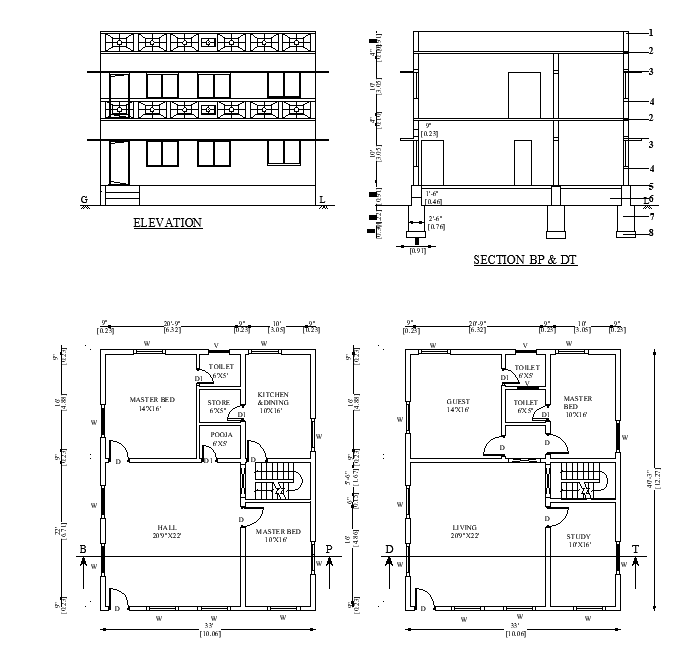 33'X40' 2BHK G+1 House plan layout is given in this AutoCAD DWG file.Download the AutoCAD Drawing file.