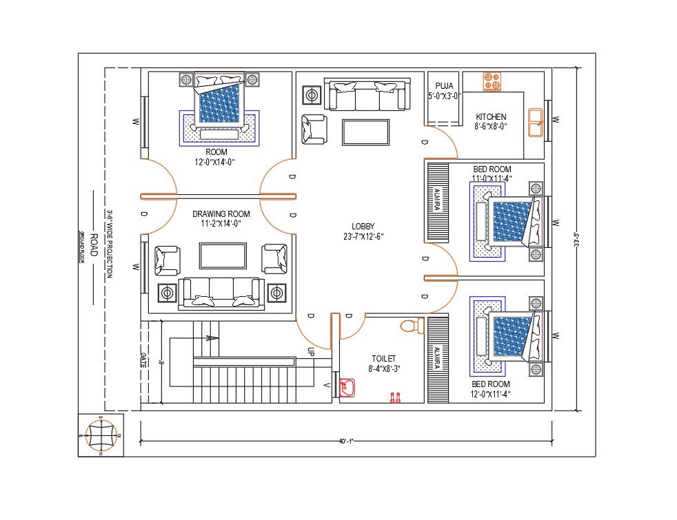 33X40 Feet House Ground Floor Plan With Furniture Layout Drawing DWG File